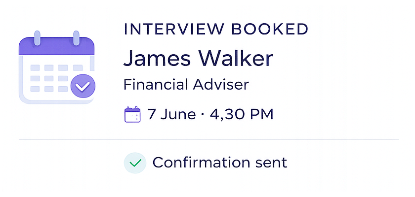 Career Poster interview booking confirmation for a candidate after applying through job board advertising