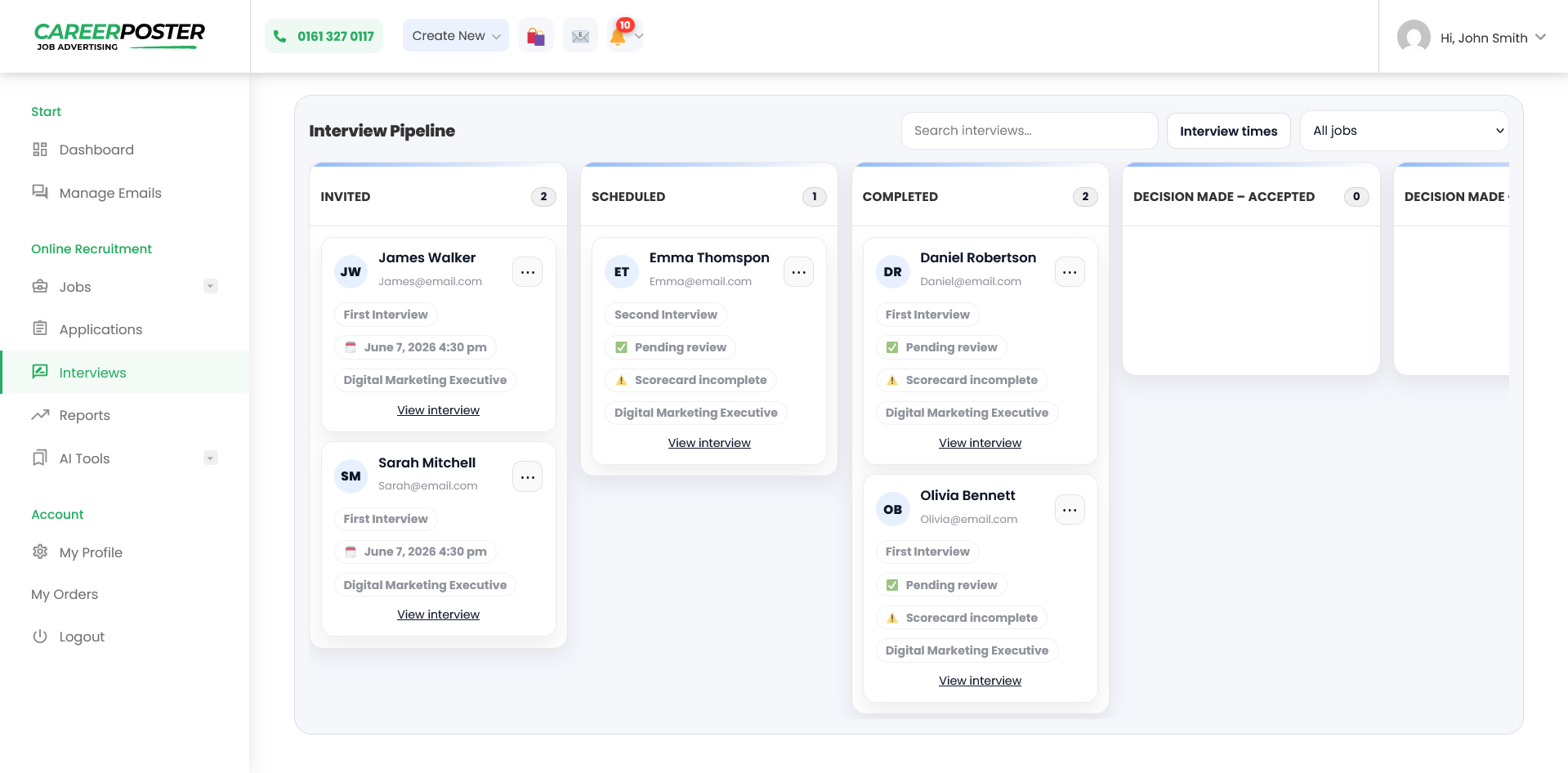Career Poster interview management pipeline for tracking candidates after job board advertising