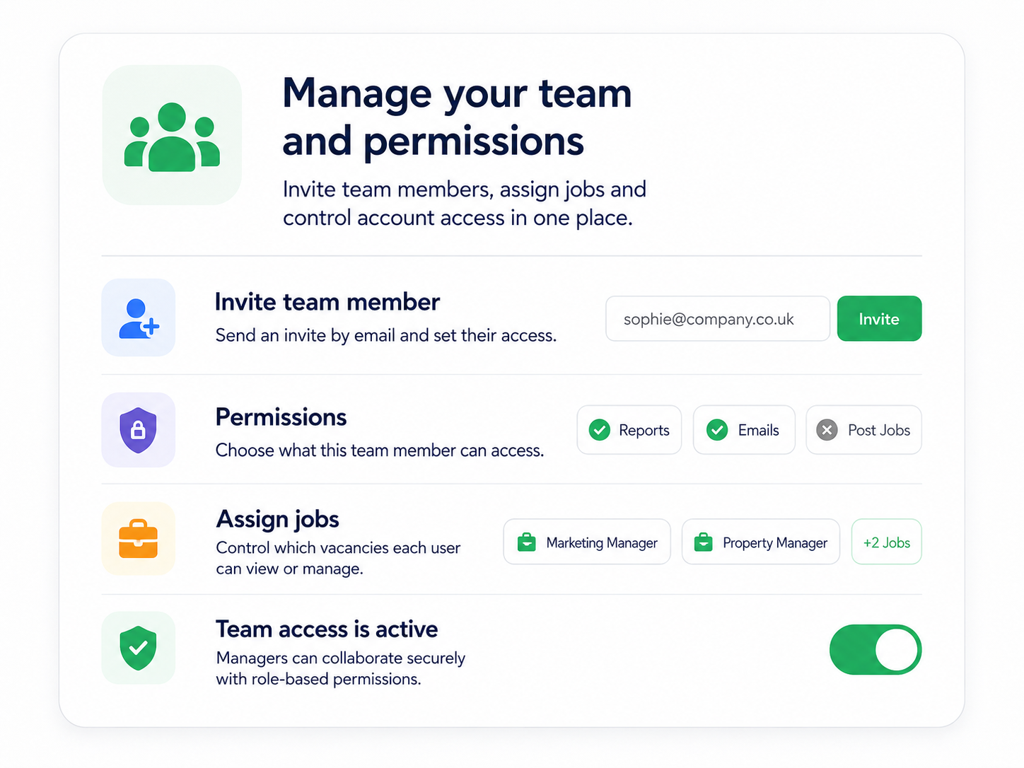 Team access for managing job board credits, reports, applications and interviews
